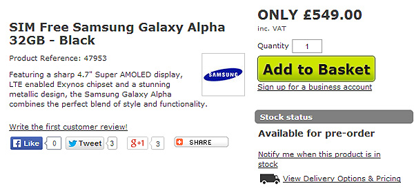Британский сайт поспешил начать прием заказов на смартфон Samsung Galaxy Alpha