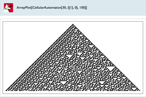 ArrayPlot[CellularAutomaton[30,{{1},0},100]]