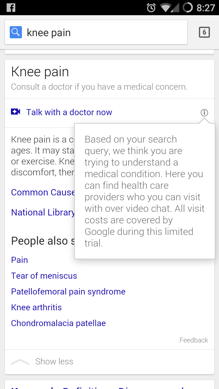 Бета сервиc от Google позволяет проводить видеоконференции с врачом, прямо из результатов поисковой выдачи по симптомам