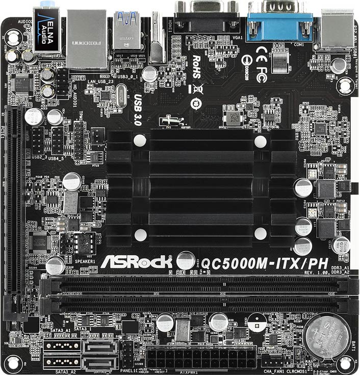 В оснащение системной платы ASRock QC5000–ITX/PH входит восьмиканальный звуковой кодек Realtek ALC887