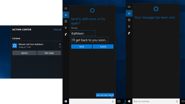 Cortana учится отправлять SMS с компьютера и сообщать о пропущенных звонках 