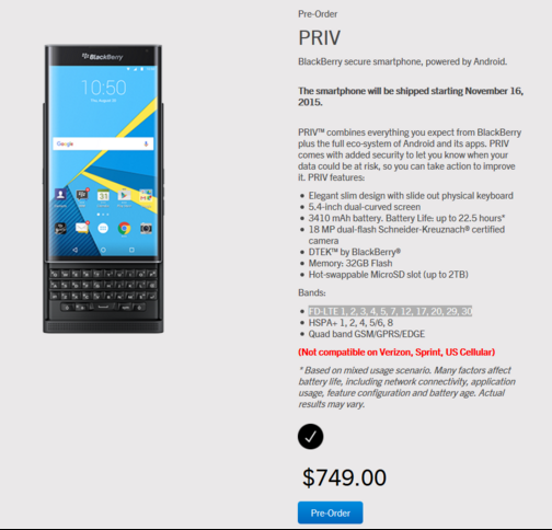 Смартфон BlackBerry Priv будет стоить $750