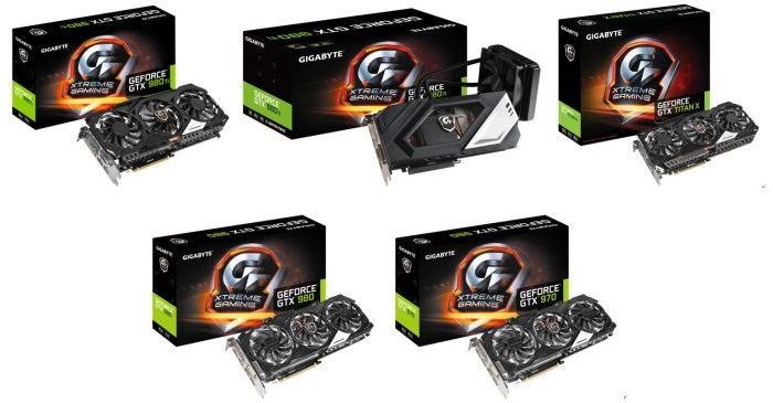 Gigabyte представила карты Titan X (GV-NTITANXXTREME-12GD-B), GTX 980 Ti WindForce Edition (GV-N98TXTREME-6GD), GTX 980 Ti WaterForce Edition (GV-N98TXTREME W-6GD), GTX 980 (GV-N980XTREME-4GD) и GTX 970 (GV-N970XTREME-4GD)
