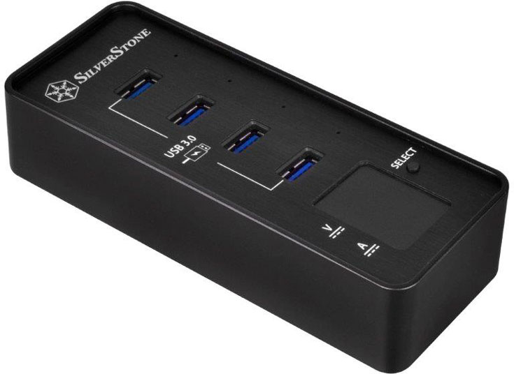 Концентратор SilverStone EP03 имеет четыре порта USB 3.0 и цифровой индикатор напряжения и тока