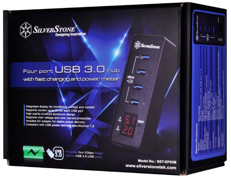 Концентратор SilverStone EP03 имеет четыре порта USB 3.0 и цифровой индикатор напряжения и тока