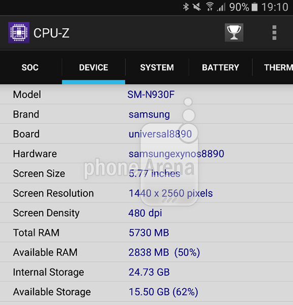 Характеристики Samsung Galaxy Note 6 перечислены на скриншоте CPU-Z