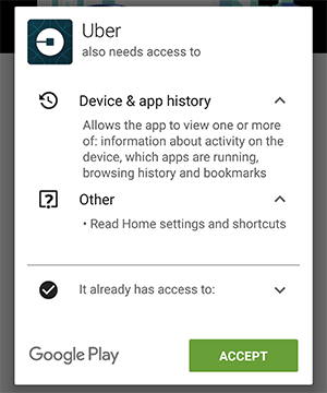 Приложение Uber запросило доступ к истории браузера, закладкам и запущенным приложениям - 1