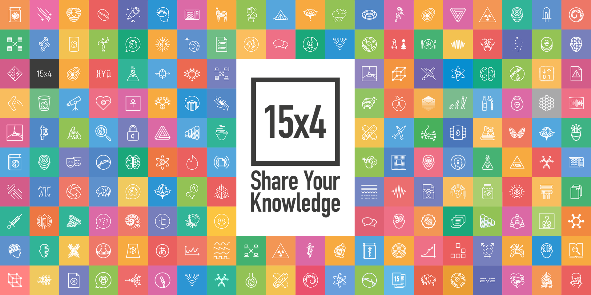 На картинке 176 разноцветных квадратиков с пиктограммами лекций. Посередине 15x4 Share Your Knowledge.