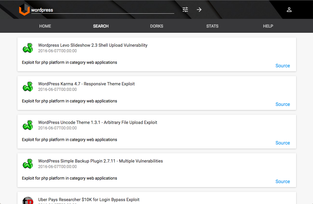 Типовая выдача Vulners по багам WordPress. Обрати внимание: данные обновляются постоянно и в автоматическом режиме