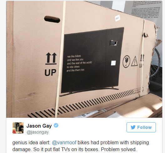 Голландский производитель дорогих велосипедов VanMoof начал их доставку в коробках с изображением телевизора
