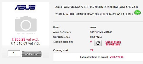 Asus FX753VD замечен на сайте бельгийского интернет-магазина