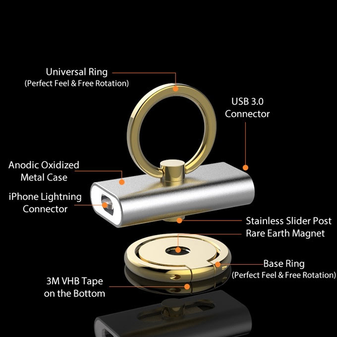 Помимо самого накопителя с разъемами Lighting и USB, в комплект входит «база» с кольцом и магнитом