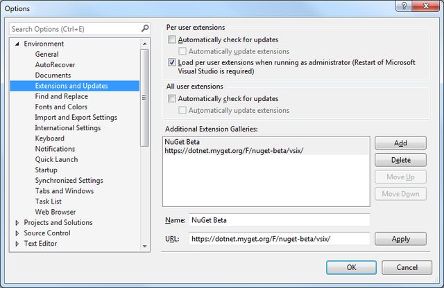 Visual Studio 2015 'Tools' - 'Options' - 'Extensions and Updates' dialogue