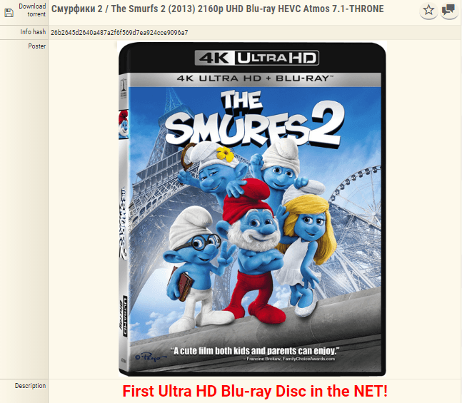 Торрент ссылается на файл с мультфильмом Smurfs 2 в разрешении 2160p, сжатый кодеком HEVC