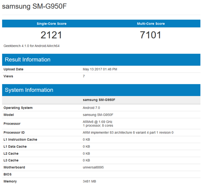 Смартфон Samsung Galaxy S8 с SoC Exynos 8895 набрал более 7000 баллов в Geekbench