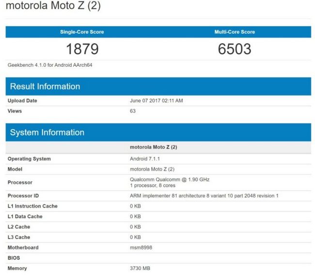 Флагманский смартфон Moto Z2, оснащенный SoC Snapdragon 835, протестирован в Geekbench