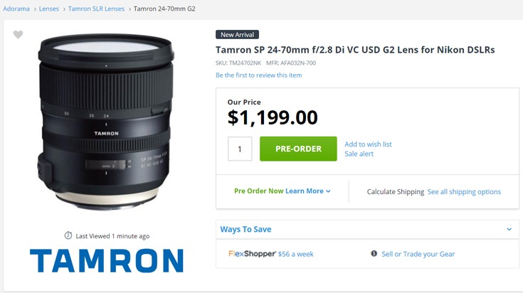 Объектив Tamron SP 24-70mm f/2.8 Di VC USD G2 оценен в $1200