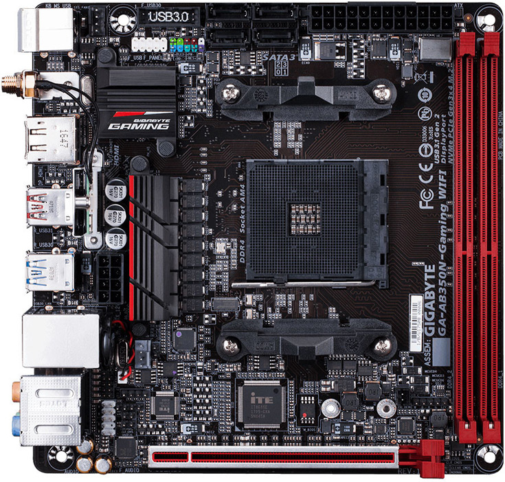 Системная плата Gigabyte AB350N-Gaming WiFi  типоразмера mini-ITX рассчитана на процессоры AMD в исполнении AM4
