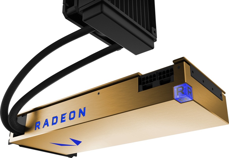 Во внешнем оформлении 3D-карты AMD Radeon Vega Frontier Edition с СВО преобладает золотистый цвет