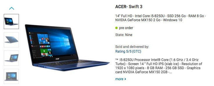 Когда начнутся поставки ноутбука Acer Swift 3 на процессоре Intel Core i5-8250U — пока неизвестно