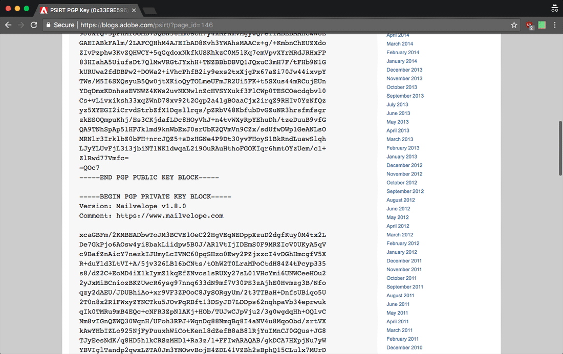 Adobe случайно опубликовала в блоге свой секретный ключ PGP - 1