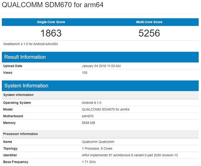 Тестовое устройство на базе SoC Qualcomm Snapdragon 670 протестировано в Geekbench