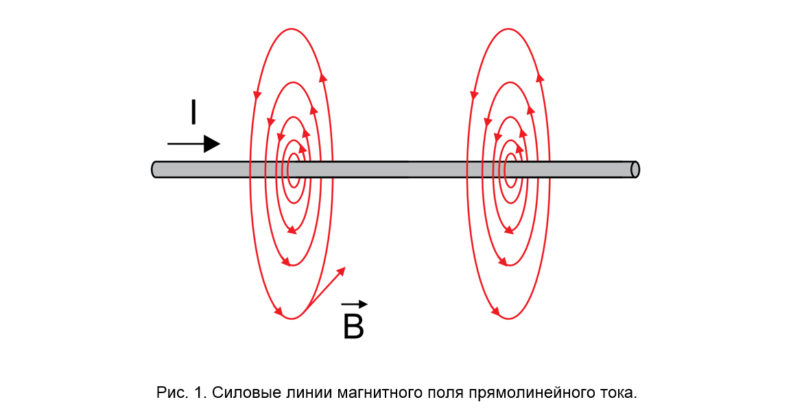Рис. 1. Силовые линии магнитного поля прямолинейного тока.