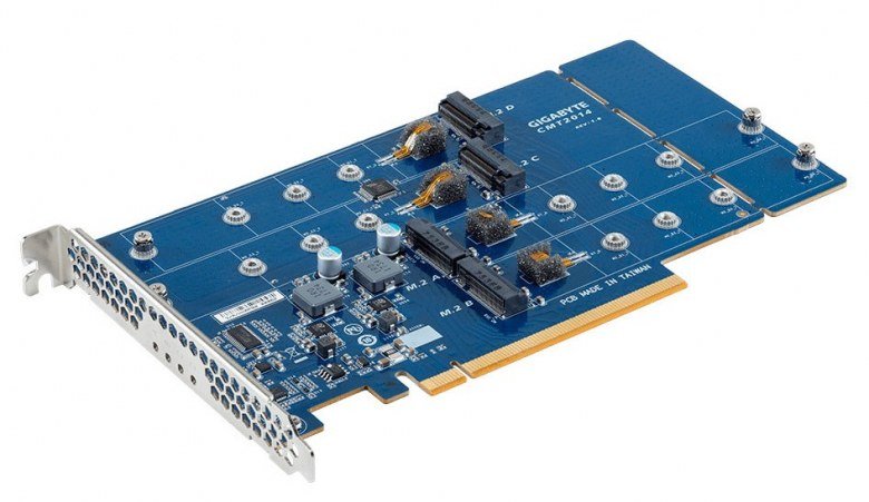 Адаптер Gigabyte CMT2014 позволяет подключить к слоту PCIe x16 до четырёх SSD формата M.2 - 1