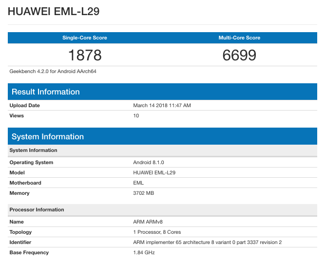 Смартфон Huawei P20 протестирован в Geekbench