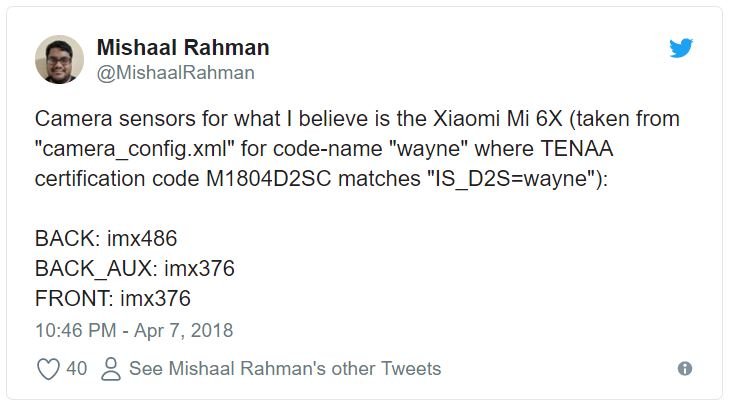 Mishaal Rahman делится подробностями о датчиках камер смартфона Xiaomi Mi 6X