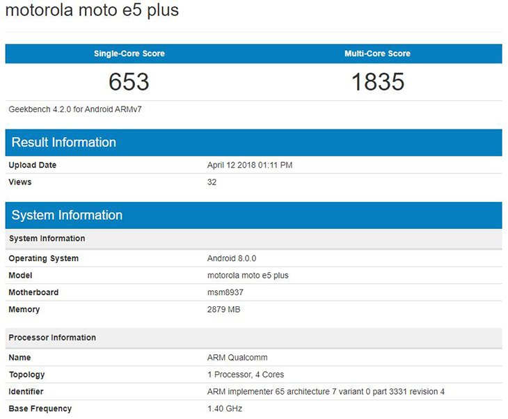 Moto E5 Plus замечен в бенчмарке Geekbench