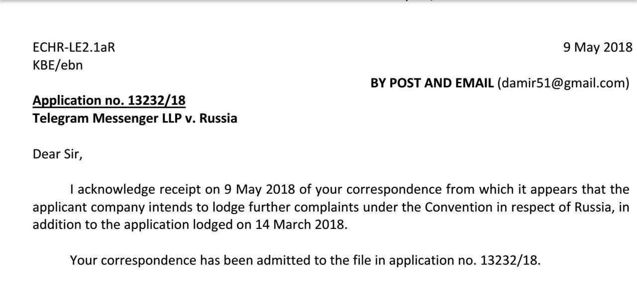 Дело Telegram против России будет рассматривать Европейский суд по правам человека. Направлена также жалоба в Мосгорсуд - 1