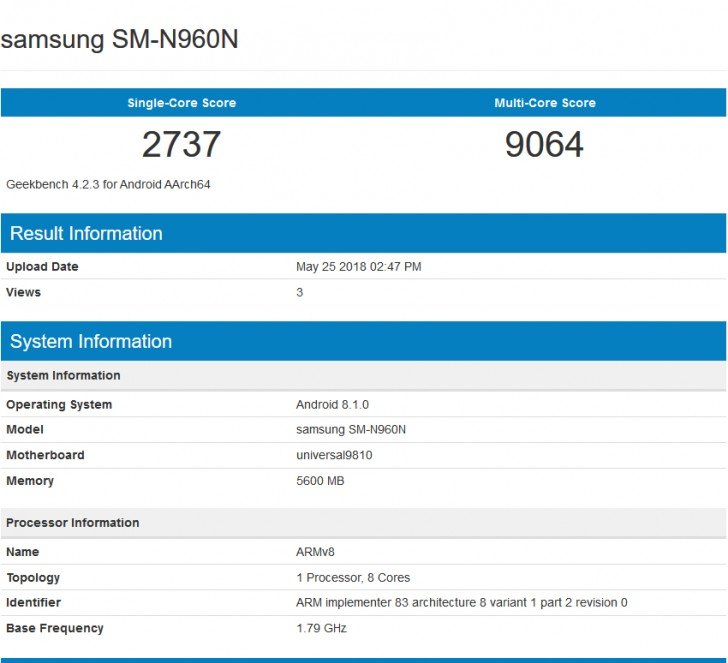 Результат смартфона Samsung Galaxy Note9 на SoC Exynos 9810 замечен в тесте Geekbench