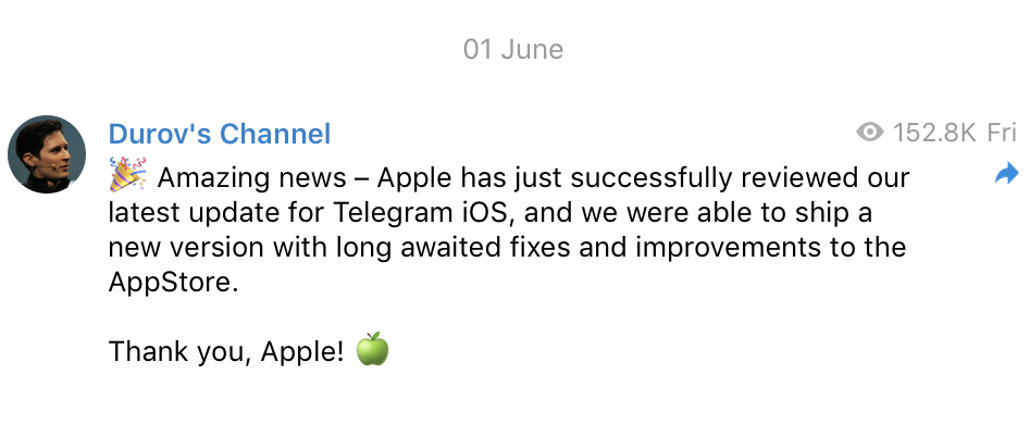 После жалобы Павла Дурова Apple пропустила первое с апреля обновление «Телеграма» для iOS-пользователей - 1