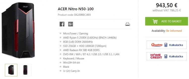 Acer выпустила ПК на ещё не представленном процессоре AMD Ryzen 5 2500X