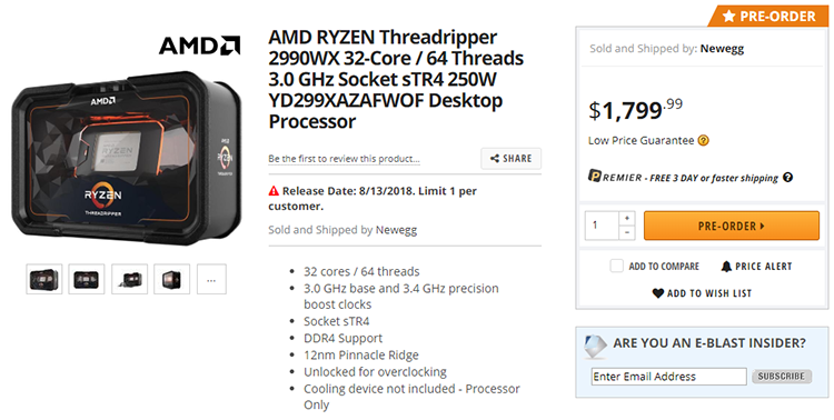 AMD открыла возможность предзаказа Ryzen Threadripper 2990WX