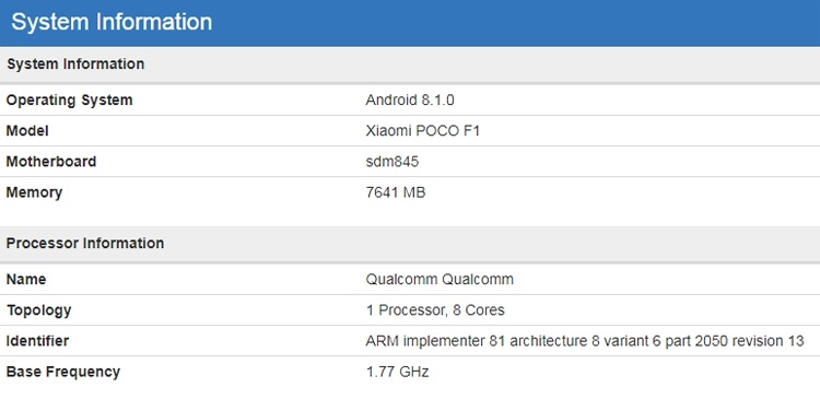 Смартфон Xiaomi Pocophone F1 показался в бенчмарке с 8 Гбайт ОЗУ