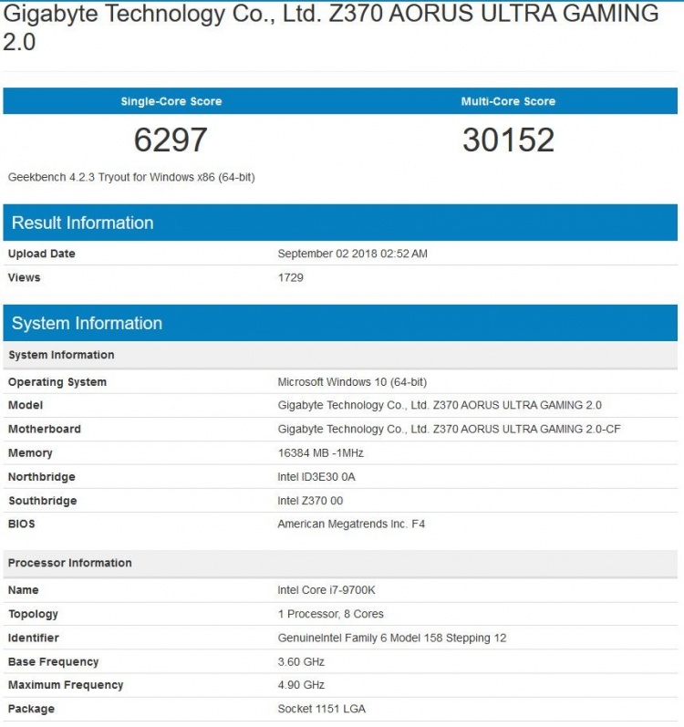 Intel Core i7-9700K замечен в базе данных Geekbench