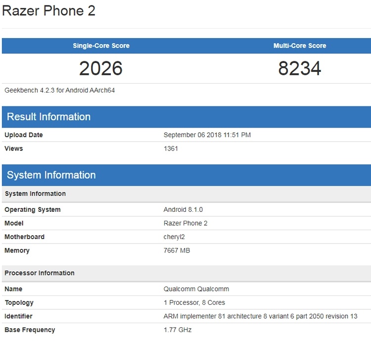 Бенчмарки раскрыли характеристики игрового смартфона Razer Phone 2