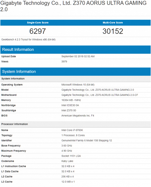 Восьмиядерный CPU Intel Core i9-9900K впечатляет производительностью в Geekbench