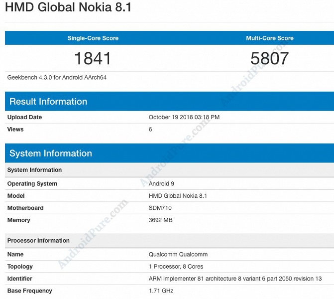 Смартфон Nokia 8.1 получил SoC Snapdragon 710 и ОС Android 9