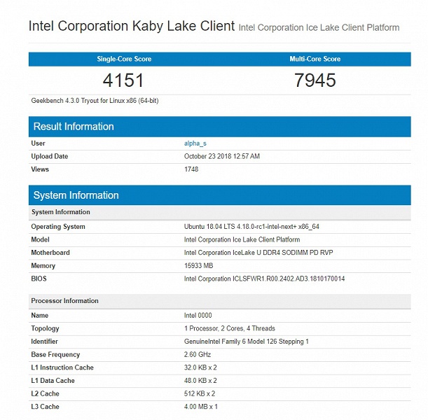 В Сети появился первый результат тестирования процессора Intel Ice Lake