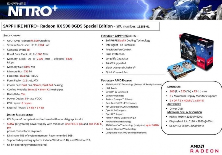 Полные характеристики и цена Sapphire Radeon RX 590 NITRO+ Special Edition