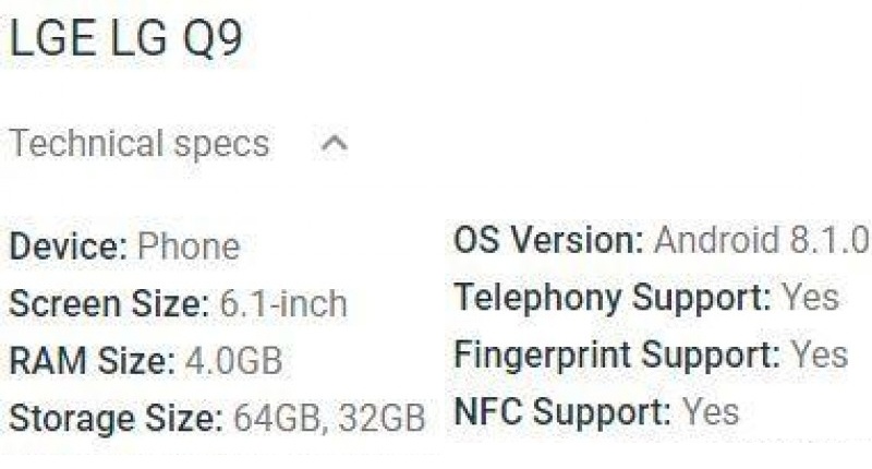 Раскрыто оснащение смартфона LG Q9: дисплей размером 6,1″ и поддержка NFC