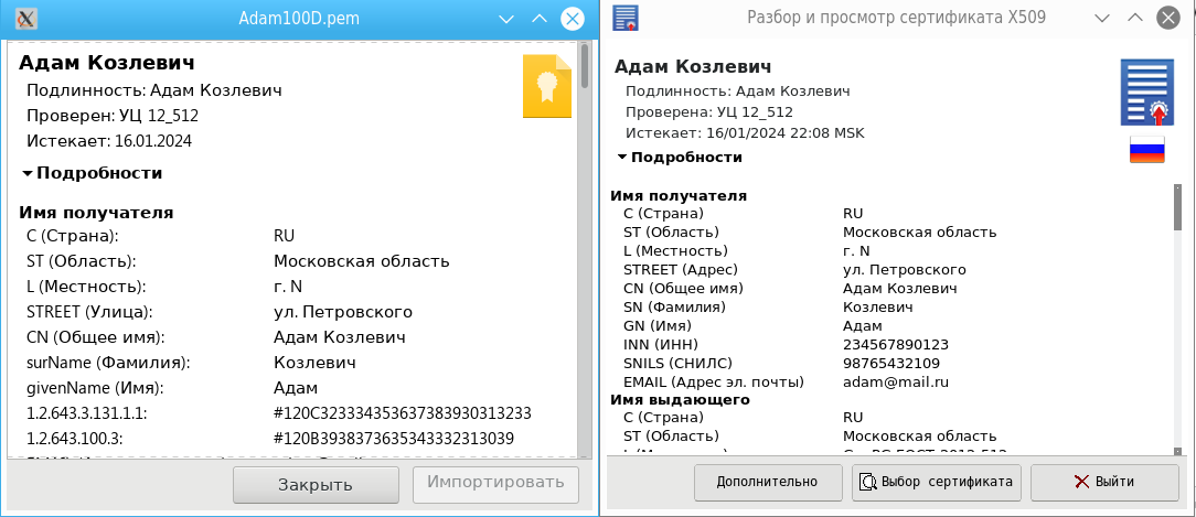 Англоязычная кроссплатформенная утилита для просмотра российских квалифицированных сертификатов x509 - 9