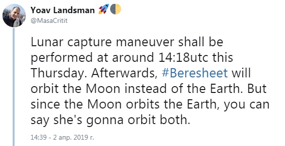 Лунная миссия «Берешит» — 4 апреля 2019 совершен переход на лунную орбиту, впереди 7 дней полета, 6 маневров и 1 посадка - 100