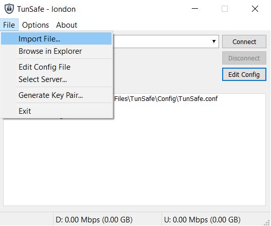 Импорт файла конфигурации в TunSafe