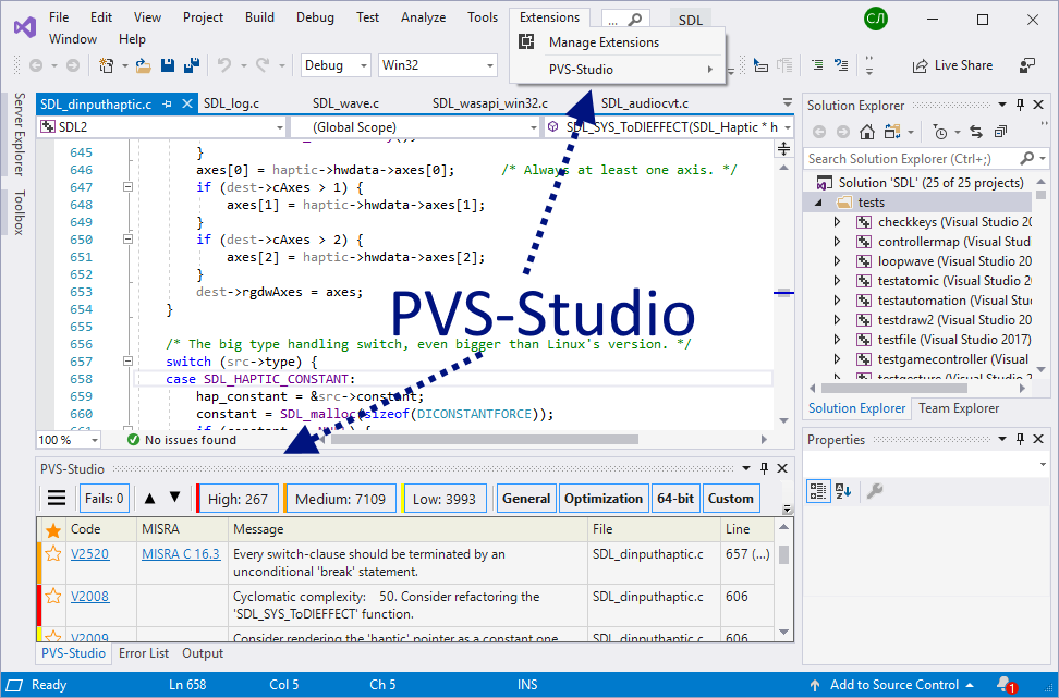 Рисунок 2. Основные элементы, добавляемые анализатором PVS-Studio при интеграции в Visual Studio.