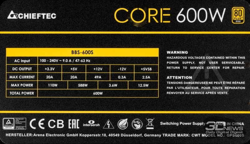 Новая статья: Блок питания Chieftec BBS-600S: «золото» для каждого