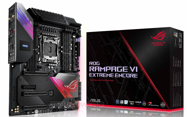 Системная плата Asus ROG Rampage VI Extreme Encore типоразмера EATX рассчитана на процессоры в исполнении LGA 2066 